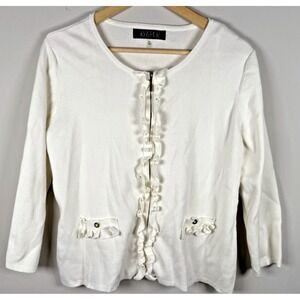 Kasper Women Cardigan Sweater Ruffle Trim Zip Ivory Petite XL Cottage Career NEW
